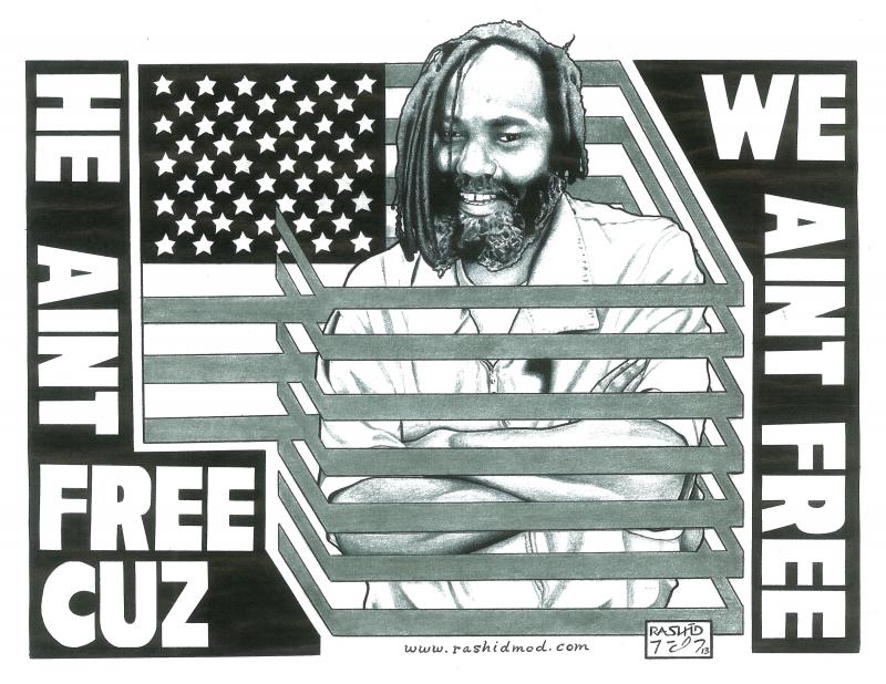 portrait of Mumia by Kevin Rashid Johnson, fellow prisoner in Texas, USA