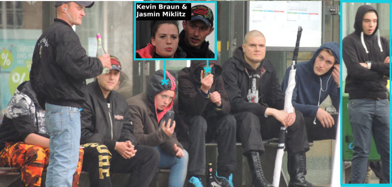 Naziaufgebot zu Beginn der Demo am OB-HBF, darunter Kevin Braun und Jasmin Miklitz. Eine Person mit (eingerollter) Reichskriegsflagge.