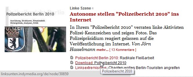 Link zu linksunten als ein Artikel auf der Startseite