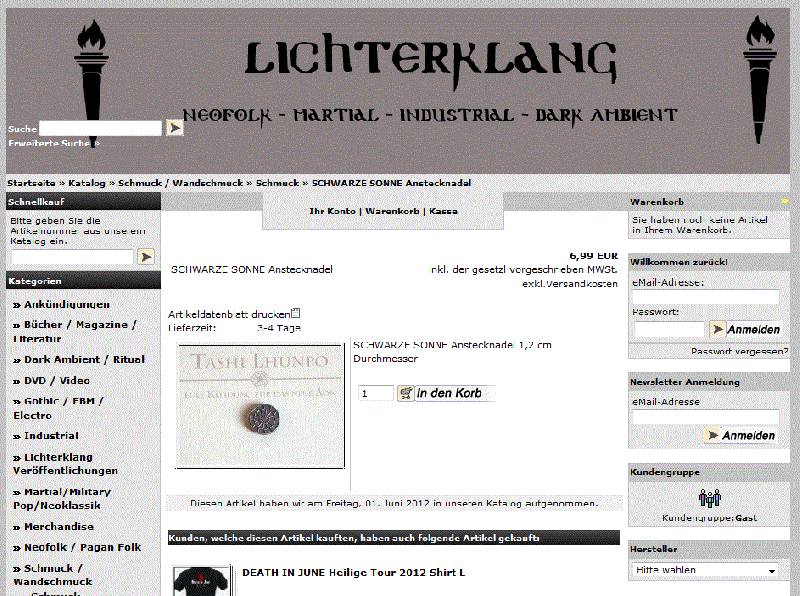 SS-Symbolik: Schwarze Sonne, im Sor­ti­ment des „Lichterklang“-Versands