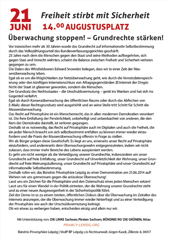 Flyer Back Überwachung stoppen! Grundrechte Stärken! Demonstration 14 Uhr Augustusplatz