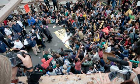 Protesters are blocked from crossing the Brooklyn Bridge by the NYPD during an Occupy Wall Street march