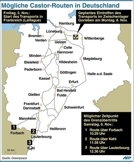 Mögliche Castorrouten (Quelle AFP/Greenpeace)