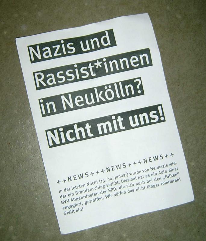 Flyer nach dem Anschlag in der Hufeisensiedlung vor einer Woche