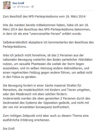 Statement von Ina Groll auf Facebook