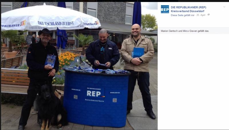 von der Facebook-Seite des REP-Kreisverbands Düsseldorf: Karl-Heinz Fischer, REP-Kreisvorsitzender Düsseldorf und REP-Bezirksvertreter Garath/Hellerhof, REP-Demo-Ordner Kai Kratochvil und REP-Demo-Ordner „Erik“ (von links nach rechts)