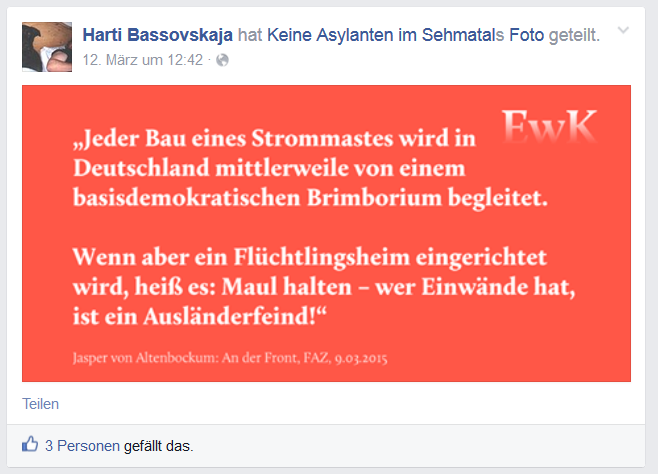 Facebook-Veröffentlichung von Jens Hartmann, 12. März 2015 ⬆