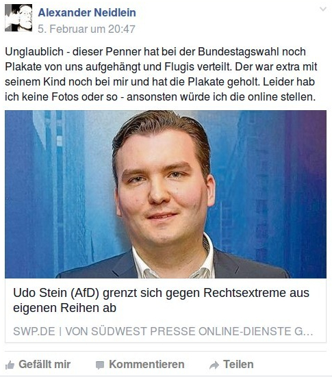 Laut NPD-Landeschef Neidlein pflegte der AfD-Abgeordnete Udo Stein recht enge Beziehungen zur NPD. Screenshot: Facebook