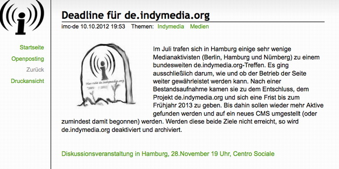 Die Ankündigung des nahenden Endes hat kaum jemand außerhalb der linken Szene zur Kenntnis genommen.  Bild:  screenshot de.indymedia.org