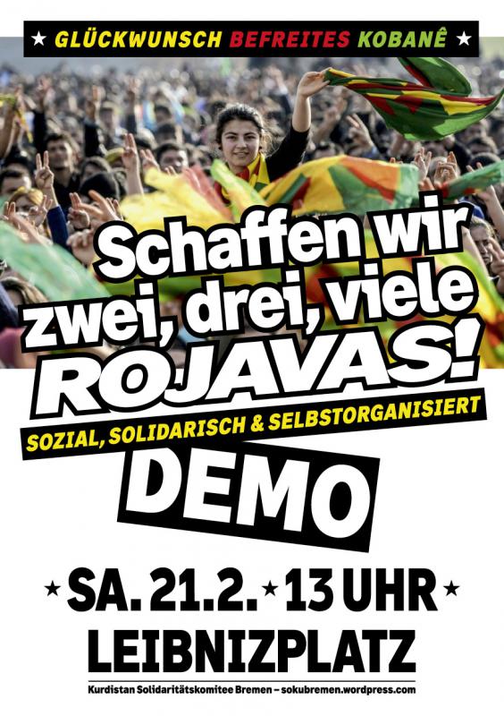 Schaffen wir zwei, drei, viele Rojavas! Demoflyer