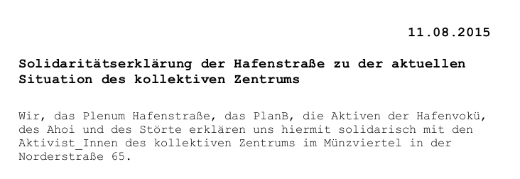 Solidaritätserklärung der Hafenstraße mit dem KoZe