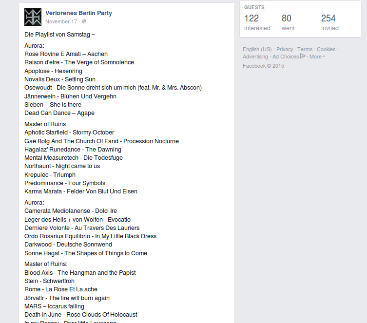 Playlist der „Verlorenes Berlin“-Party am 14. November 2015 im „Chesters“. (Screenshot von der Facebook-Seite von „Verlorenes Berlin“)