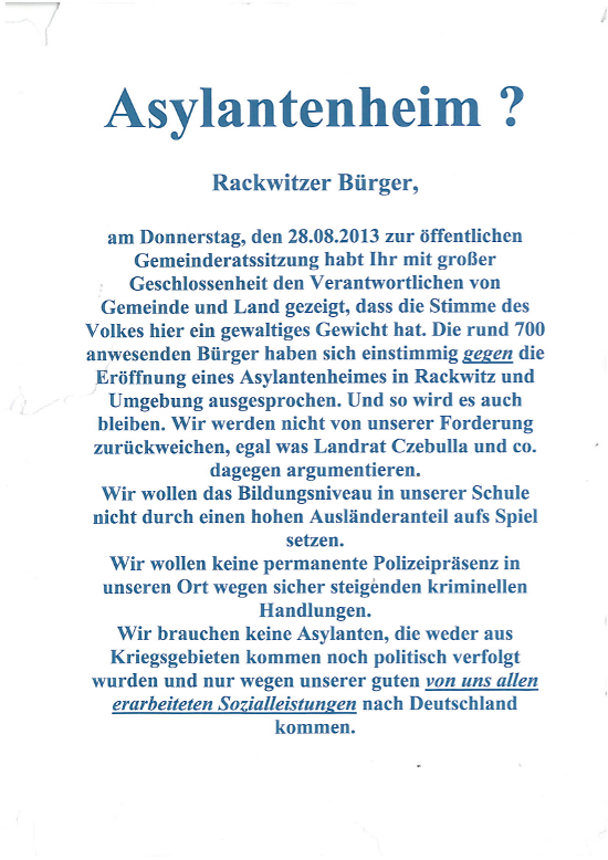 Flyer aus Rackwitz nach der 1.Versammlung