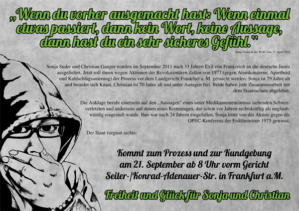 Poster: Kommt zum Prozessauftakt gegen Sonja und Christian