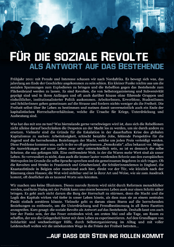 Für die soziale Revolte – als Antwort auf das Bestehende - …auf dass der Stein ins Rollen kommt!