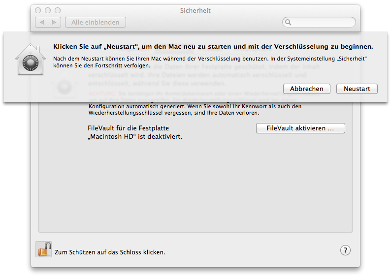 Neustarten zum Aktivieren der Verschlüsselung