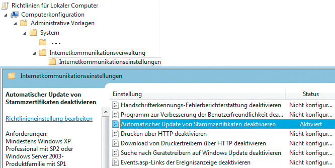 In Windows-Versionen mit Gruppenrichtlinieneditor kann man das Auto-Update der CA-Liste einfach abstellen.