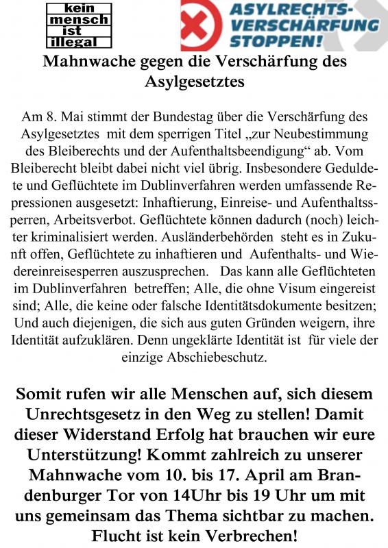 Flyer: Mahnwache gegen die Verschärfung des Asylgesetzes