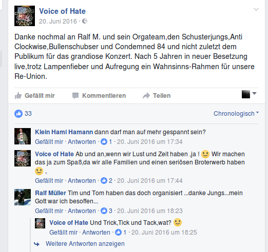 Danksagung der Band "Voice of Hate" an Ralf M. Dieser dankt wiederum Tim und Tom, die ja das Konzert eigentlich organisiert hätten