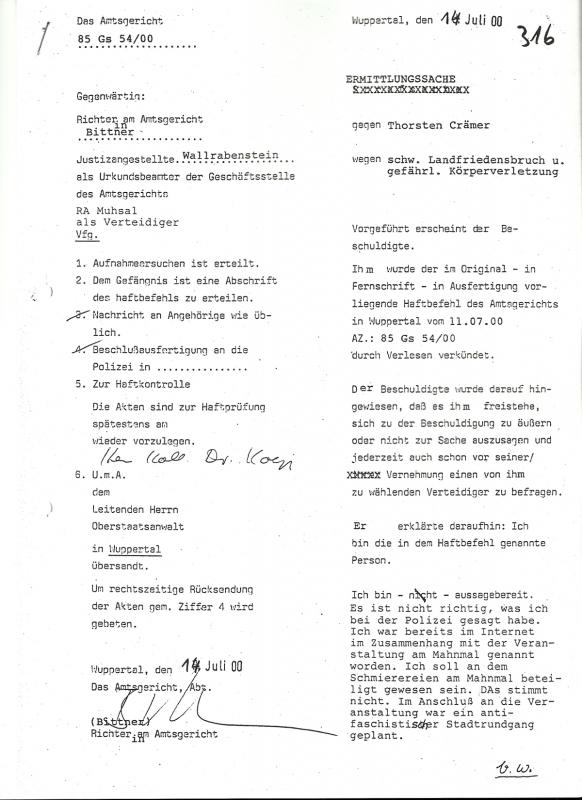 5 - Thorsten Crämer (Pro NRW) Überfall auf KZ-Gedenkstätte in Wuppertal, 09.07.2000,AG Wuppertal, Aktenzeichen Az.: 23 (24) Cs 733 Js - 1655/01, Blatt 316 (Seite 1)