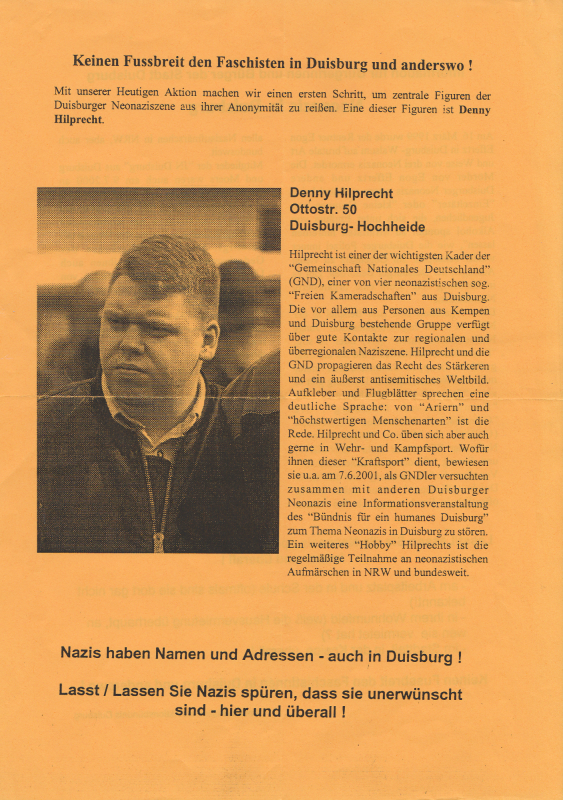Denny Hilprecht, ehemaliger Nazikader der GND (Gemeinschaft Nationales Deutschland), Outing Flyer, Duisburg, 2001