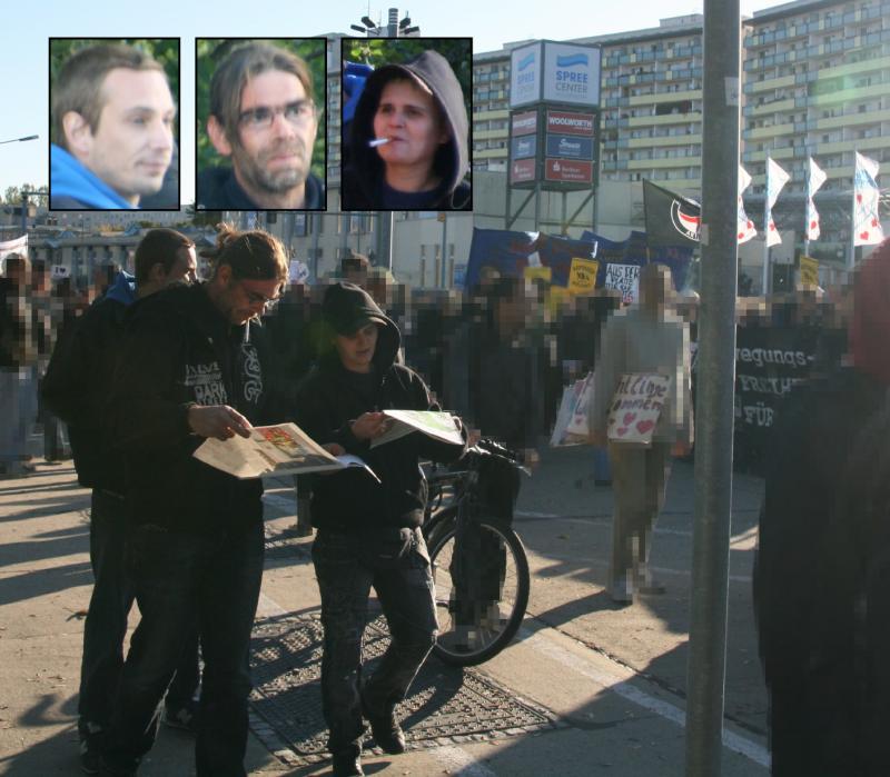 In Begleitung eines weiteren Neonazis versuchen sich Kai Schuster und Susann Witzki (v.l.n.r.) einer antirassistischen Demonstration zu nähern, 3. Oktober 2013