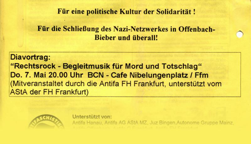 Antifaschistische Kampagne zu Blood & Honor mit Veranstaltung in Frankfurter FH-Räumen, 1998