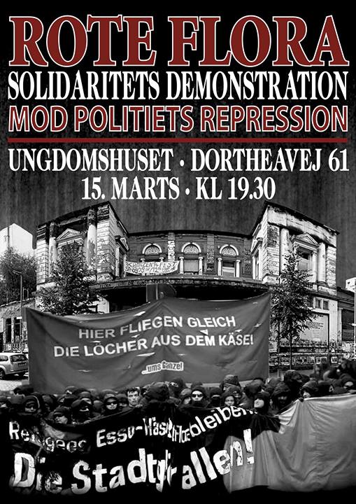 COPENHAGEN demonstration in solidarity with Rote Flora and against police violence and repression