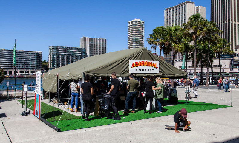 Richard Bell’s tribute to the Aboriginal Tent Embassy erected at Sydney’s Circular Quay in March 2016 during the Sydney Biennale.