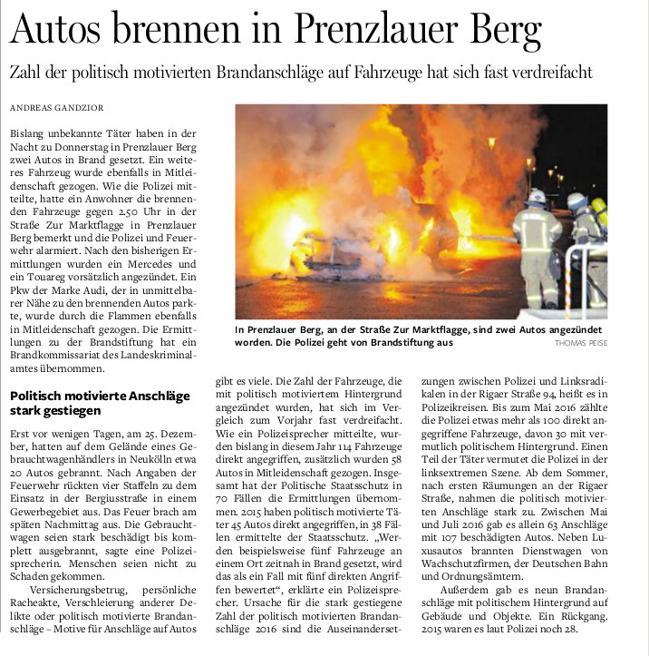 Berliner Morgenpost: Autos brennen in Prenzlauer Berg