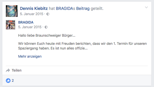 Auch für den ersten "Abendspaziergang" des Braunschweiger PEGIDA-Zweig BRAGIDA warb Kiebitz.