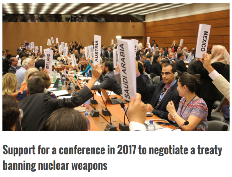 Support for a conference in 2017 to negotiate a treaty banning nuclear weapons