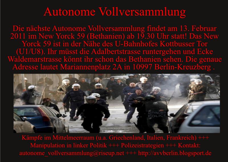 Flyer für die nächste Autonome Vollversammlung am 13. Februar 2011 in Berlin