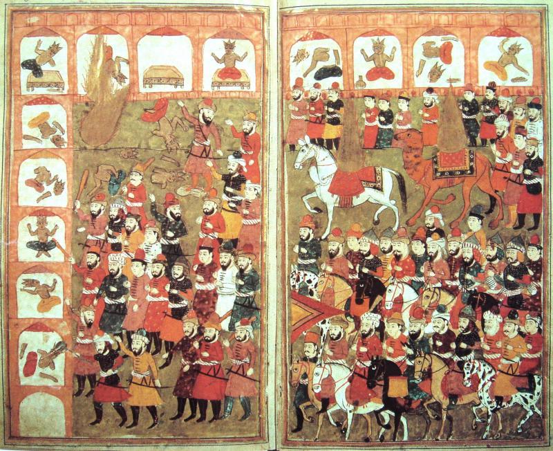 Mohammed und seine Anhänger ziehen in Mekka ein und zerstören die vorislamischen Heiligenbilder (Illustration aus: Mirzā Muḥammad Rafīʿ („Bāzil“) (1713–1781): Ḥamla-i-ḥaydarī)