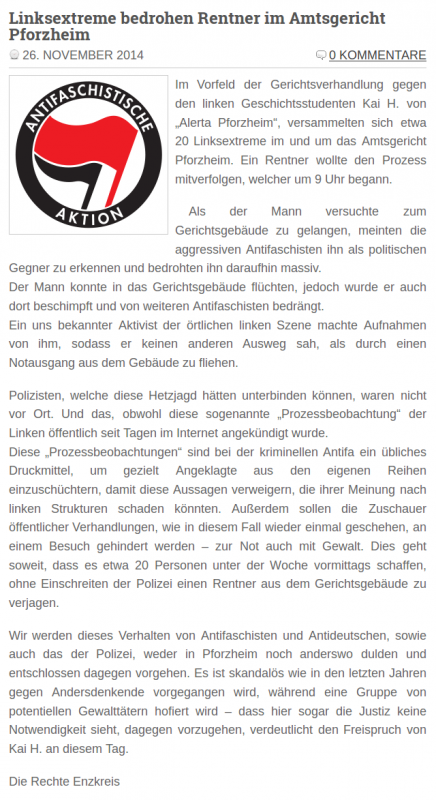 Text von Maximilian Reich für „Die Rechte“ über einen Prozess gegen einen Linken im November 2014 in Pforzheim