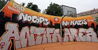 Die Streetballanlage am Connewitzer Kreuz in Leipzig ist als Antifa-Areal gekennzeichnet. „No Cops, No Nazis“ („Keine Polizisten, keine Nazis“) steht dort. Foto: André Kempner