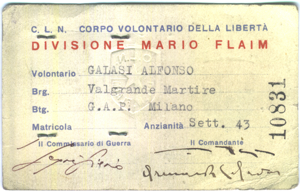 Alfonso Galasi.Tesserino di appartenenza alla Divisione Mario Flaim,85ª brigata “Valgrande Martire”, battaglione GAP Milano. 