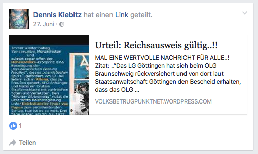 Unter den Posts von Kiebitz finden sich auch Elemente der »Reichsbürger«-Ideologie.