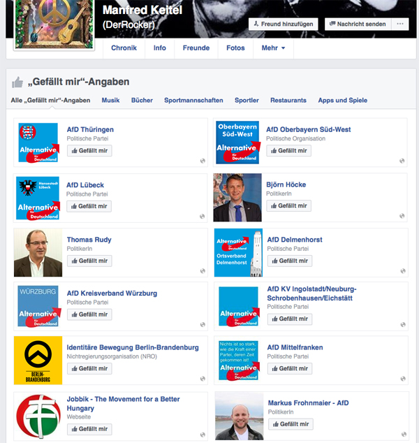 Viel AfD-Blau auf dem Facebook-Profil von Bürgerwehr Mitglied Manfred Keitel