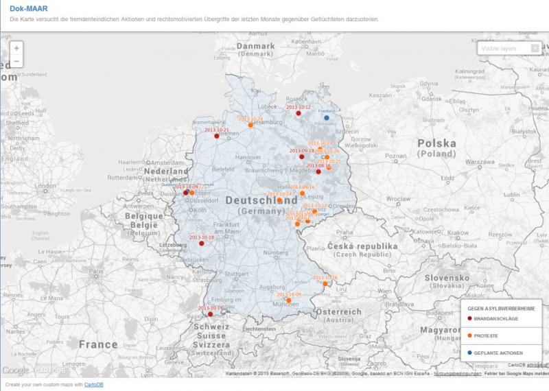 Karte Brandanschläge und Demonstrationen gegen Lager/Geflüchtetenunterkünfte 2013